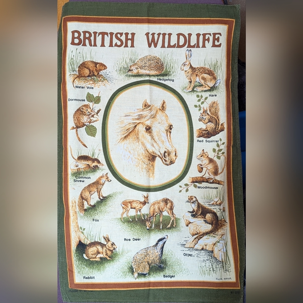 Vintage Clive Mayor British Wildlife Tea Towel - Green and Cream Kitchen Linen